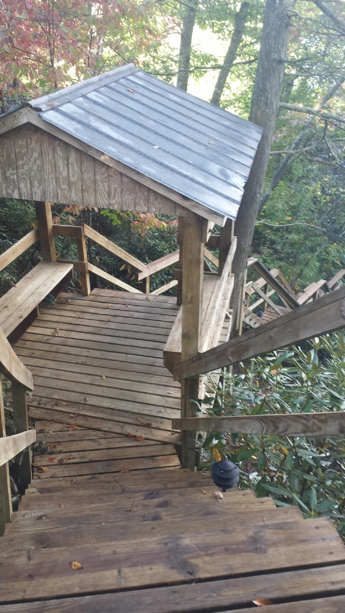 Metal roofed shelter over wooden steps on a wooded walkway — Skylight Repair & Installation work by our crew in Bradfordwoods